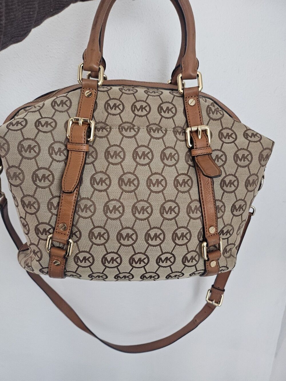 Michael Kors Logo Large Canvas/ Leather Crossbody Brown/Tan Gold Hardware. GUC
